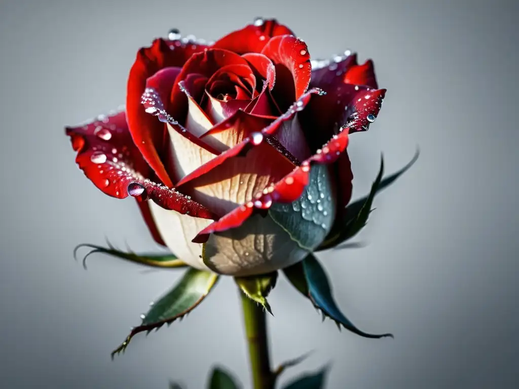 Una hermosa rosa roja con gotas de rocío, simbolizando la poesía