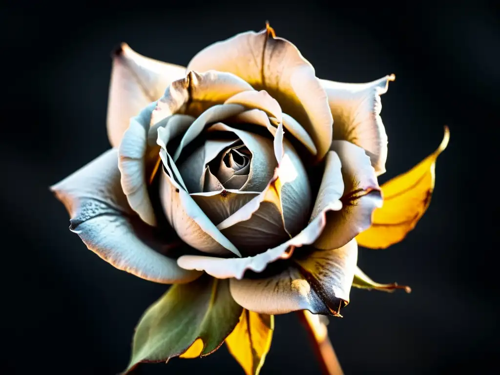 Una hermosa rosa negra marchita, capturando la esencia del lirismo en Las Flores del Mal con sus delicados pétalos marchitos y sutil decadencia