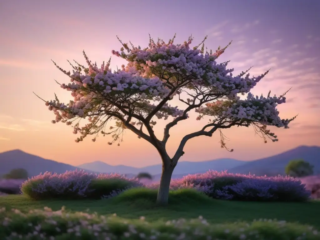 Un hermoso árbol de cerezo en solitario bajo un atardecer pastel, con pétalos cayendo y una atmósfera serena y contemplativa