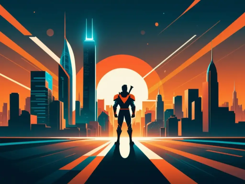 Un héroe moderno sostiene un artefacto mítico en la entrada de una ciudad futurista, adaptando estructuras míticas narrativa moderna