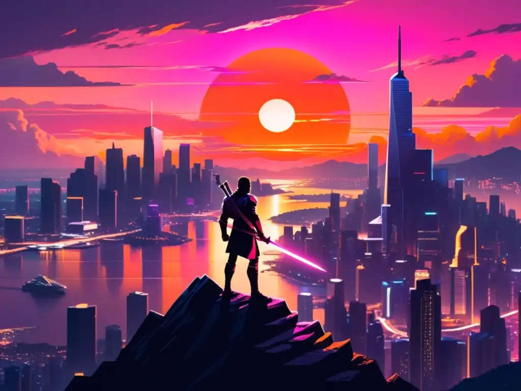 Un héroe solitario en un acantilado, con una ciudad futurista al fondo, adaptando estructuras míticas a la narrativa moderna