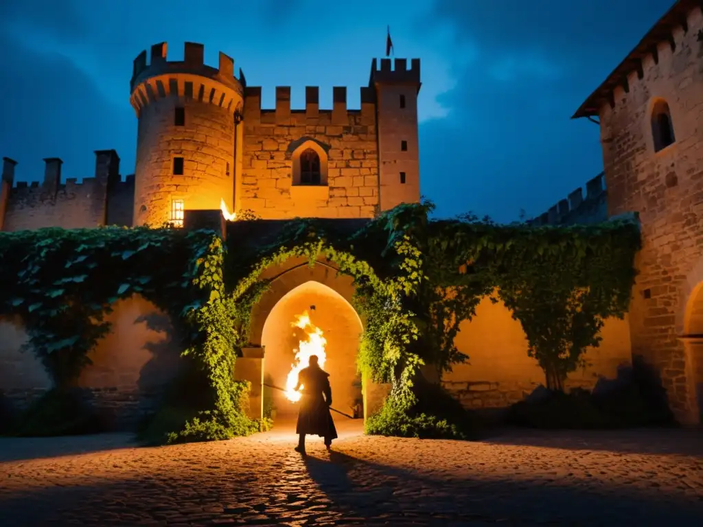 Un heroico personaje en una misteriosa entrada de castillo al atardecer, listo para travesías épicas en narrativa gótica