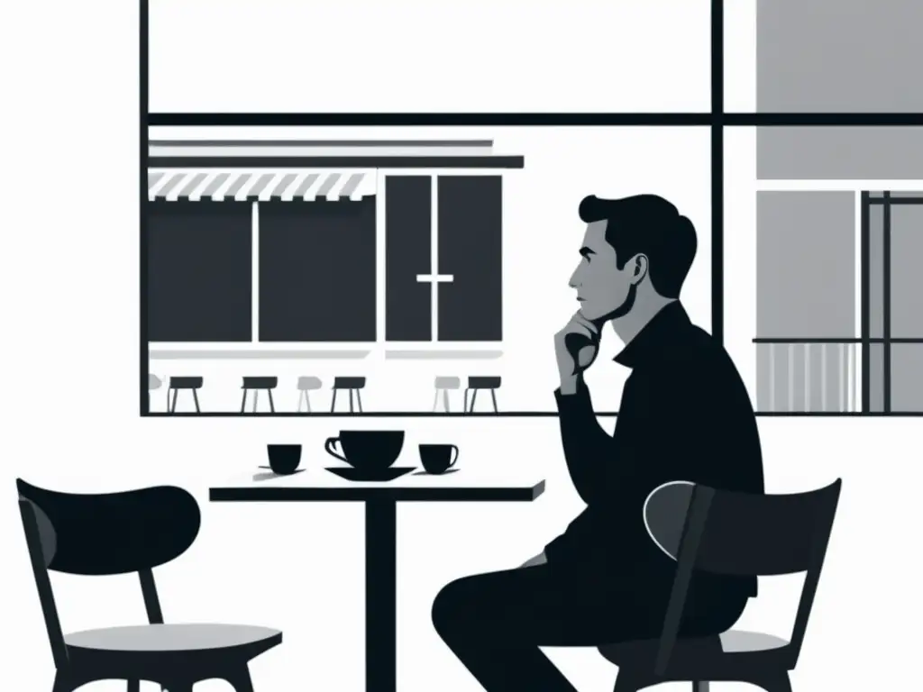 Un hombre reflexiona solo en un café, evocando el existencialismo en Nausea con un arte minimalista en blanco y negro