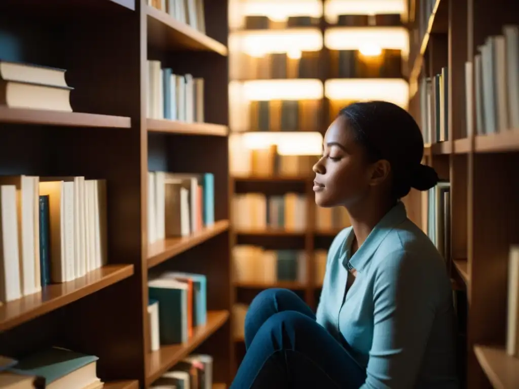 Un hombre tranquilo en una habitación iluminada, rodeado de estantes de libros