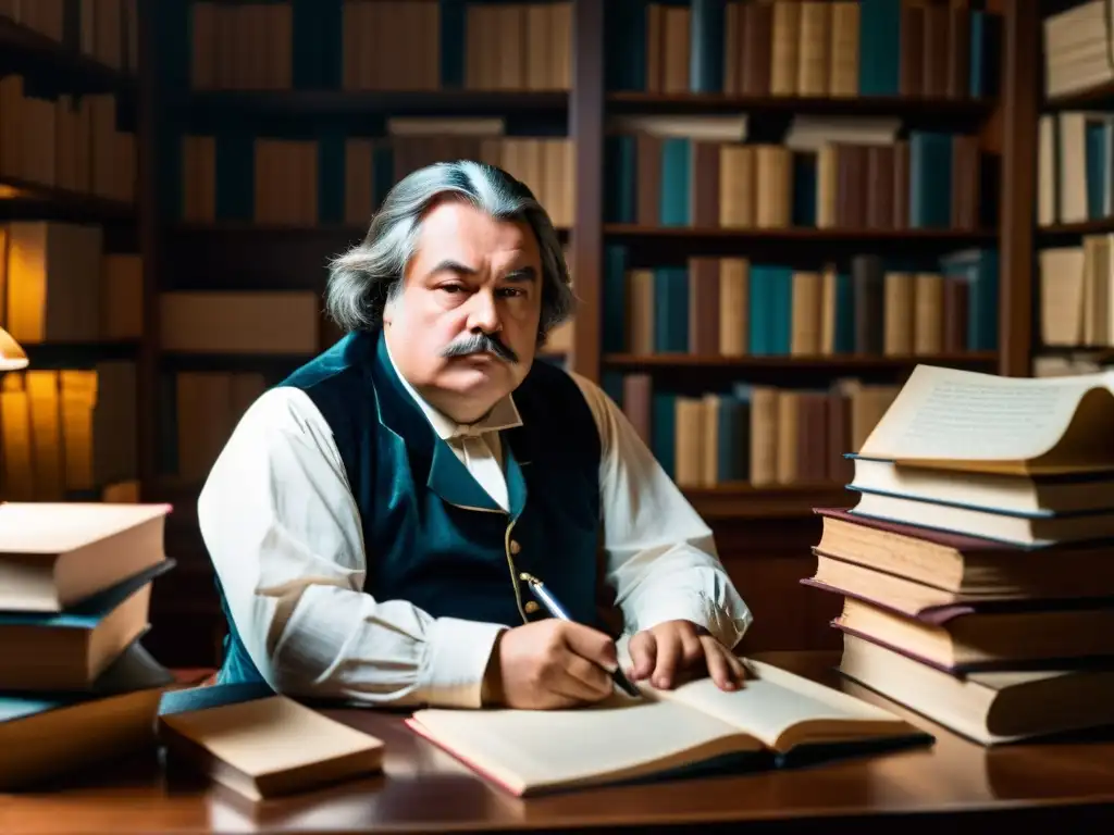 Honoré de Balzac, en su escritorio del Realismo francés en la Comedia Humana, sumido en una intensa creatividad literaria