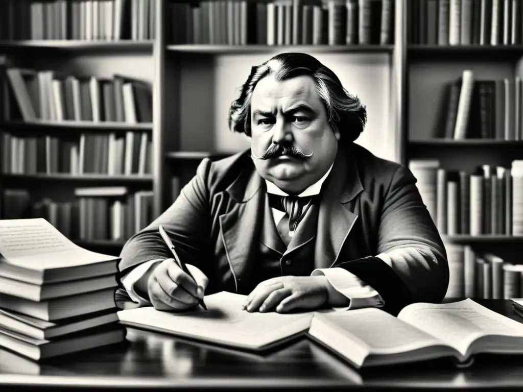 Honoré de Balzac en su escritorio rodeado de libros y papeles, reflejando el Realismo francés en la Comedia Humana