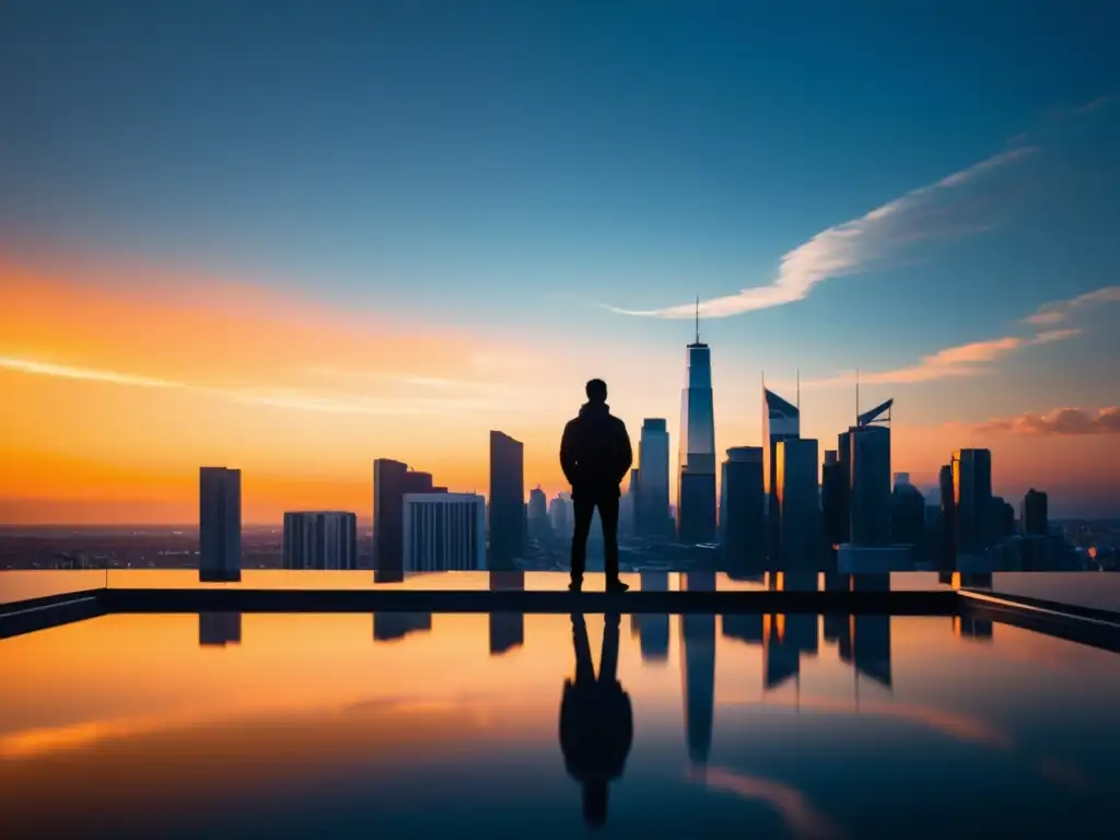 Un horizonte urbano futurista y minimalista con rascacielos reflectantes bañados por la cálida luz del atardecer