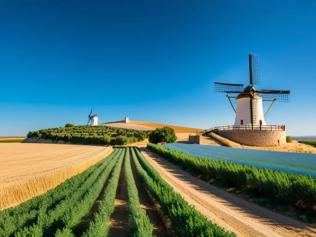 Iconicos molinos de La Mancha, España, se alzan contra el cielo azul