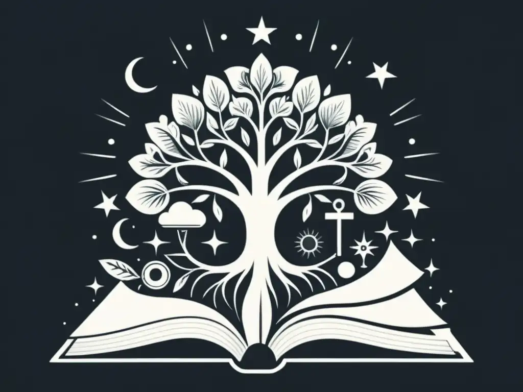 Una ilustración detallada en blanco y negro de un libro abierto rodeado de símbolos como una clave, un árbol, un sol y una luna