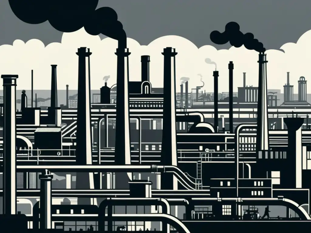 Ilustración detallada de una ciudad industrial del siglo XIX Una ilustración detallada en blanco y negro de una bulliciosa ciudad industrial del siglo XIX, con altas chimeneas, fábricas y calles atestadas, capturando la esencia de la transformación de la era y el impacto de la Revolución Industrial en la sociedad