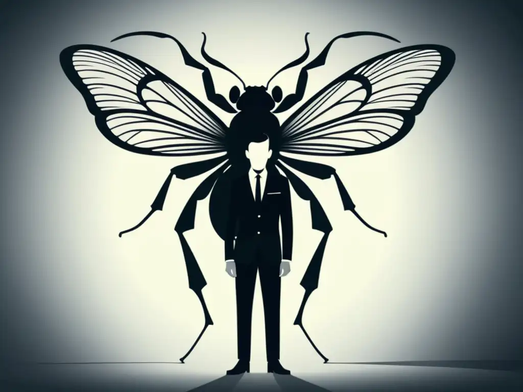 Metamorfosis surrealista: hombre se transforma en insecto gigante Una ilustración detallada en blanco y negro de la transformación de un hombre en insecto, evocando la esencia de La Metamorfosis de Kafka