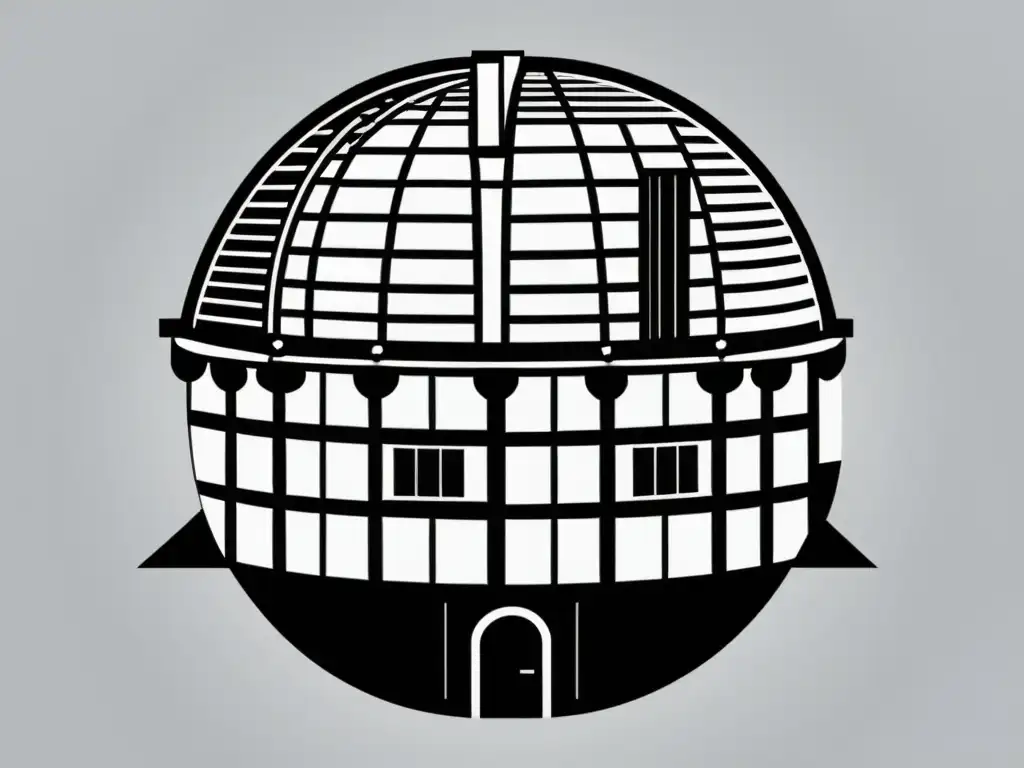 Una ilustración detallada en blanco y negro del Globe Theatre de William Shakespeare, reinterpretando a Shakespeare desde perspectiva postcolonial