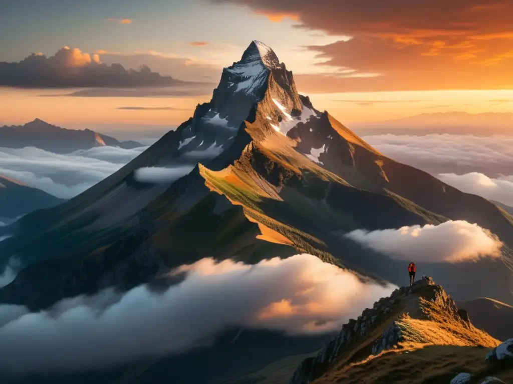 Una ilustración detallada de una cumbre montañosa rodeada de nubes, con el sol naciendo detrás, creando un resplandor cálido y anaranjado