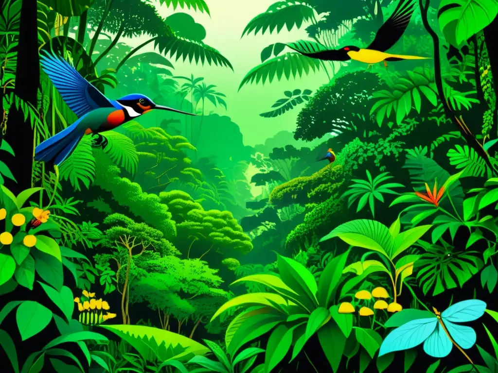 Una ilustración detallada y exuberante de un denso bosque tropical, evocando el misterio y la magia del realismo mágico en la literatura contemporánea