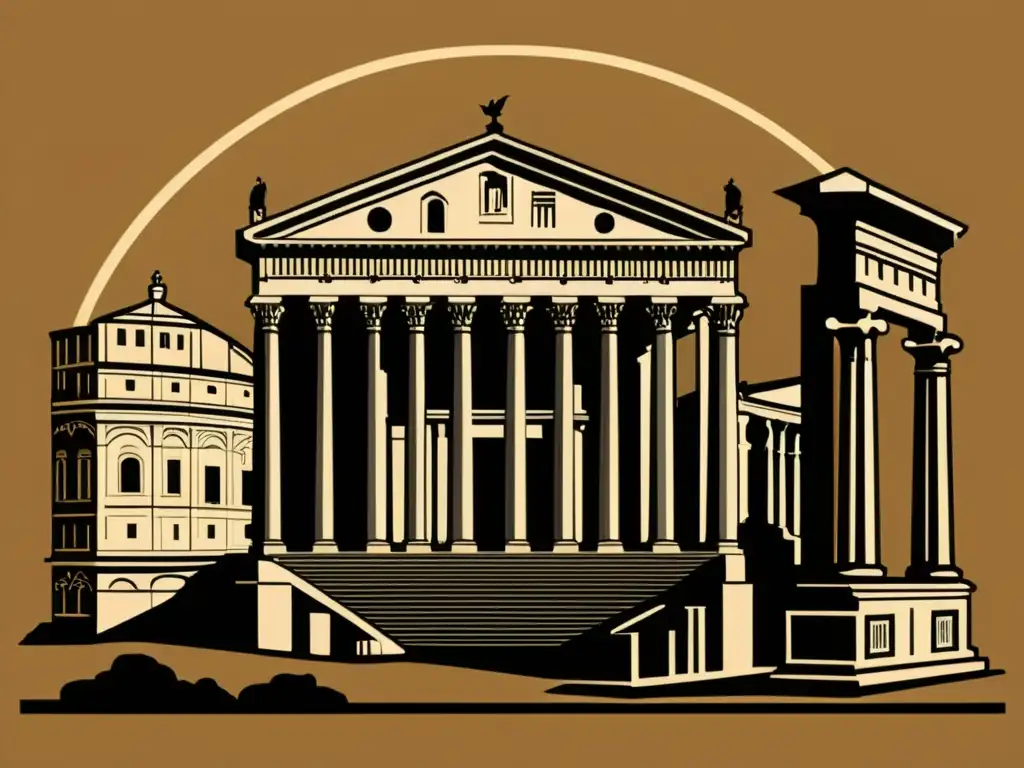 Una ilustración detallada y minimalista del Foro Romano, destacando la grandiosidad de la arquitectura antigua y la identidad romana