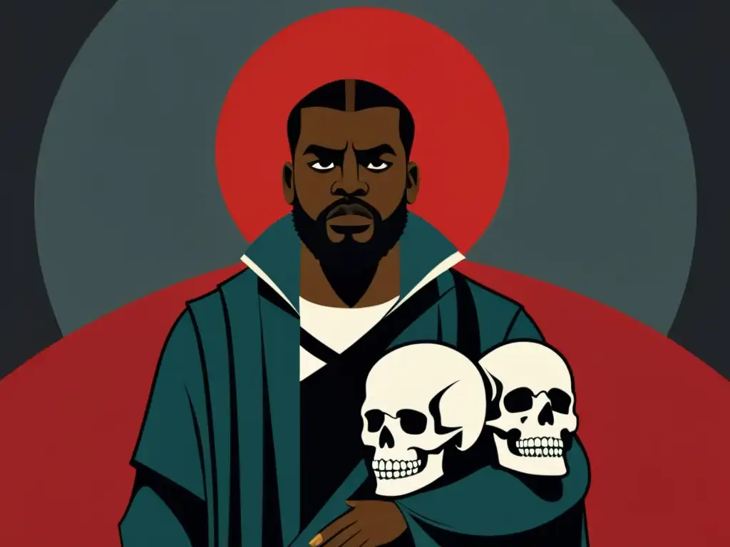 Una ilustración detallada de Hamlet, Macbeth y Othello en una escena dramática y atmosférica que captura la complejidad de estos héroes trágicos