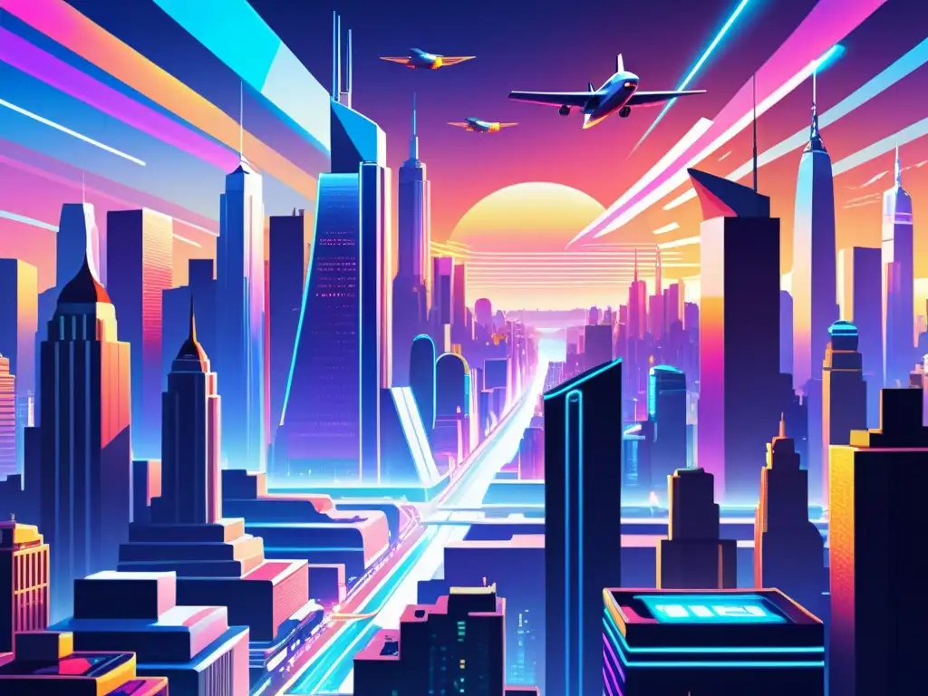 Una ilustración digital impresionante de una ciudad futurista llena de rascacielos adornados con anuncios holográficos y vehículos voladores