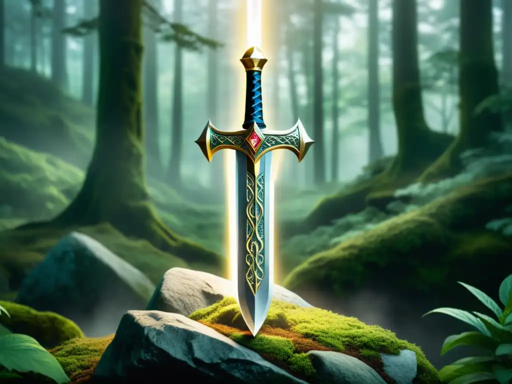 Una ilustración digital impresionante muestra la mítica espada Excalibur en una piedra, rodeada de nudos celtas, en un bosque antiguo y neblinoso