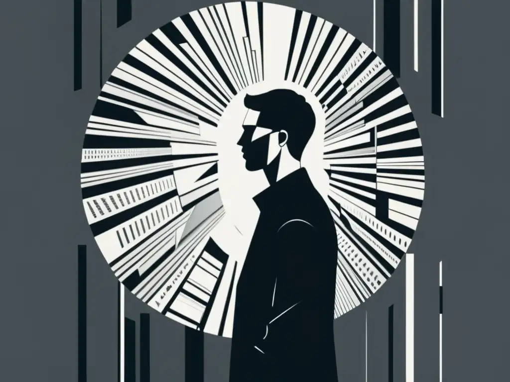Una ilustración minimalista en blanco y negro de una persona frente a un espejo roto, reflexionando sobre la crisis identidad narrativa contemporánea