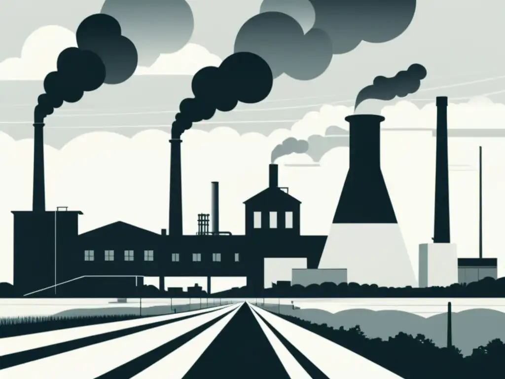 Una ilustración minimalista en blanco y negro muestra una fábrica con chimeneas que se alzan sobre un campo sereno, simbolizando el impacto de la Revolución Industrial en la naturaleza y la literatura