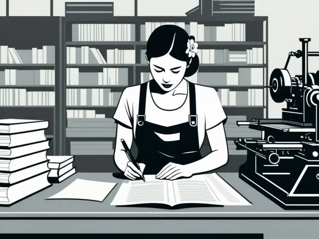 Una ilustración minimalista en blanco y negro de una mujer trabajando en una imprenta industrial vintage, rodeada de montones de libros y papel