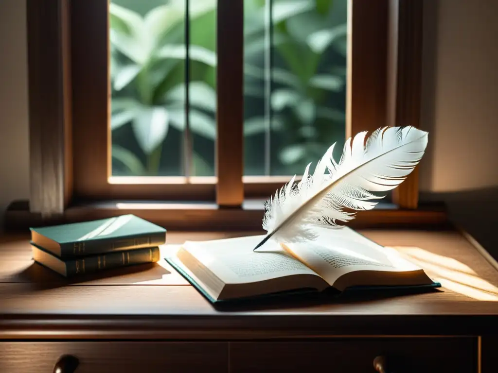 Una ilustración minimalista en blanco y negro de una pluma de ave y una pila de libros en un escritorio de madera, bañados por una suave luz natural