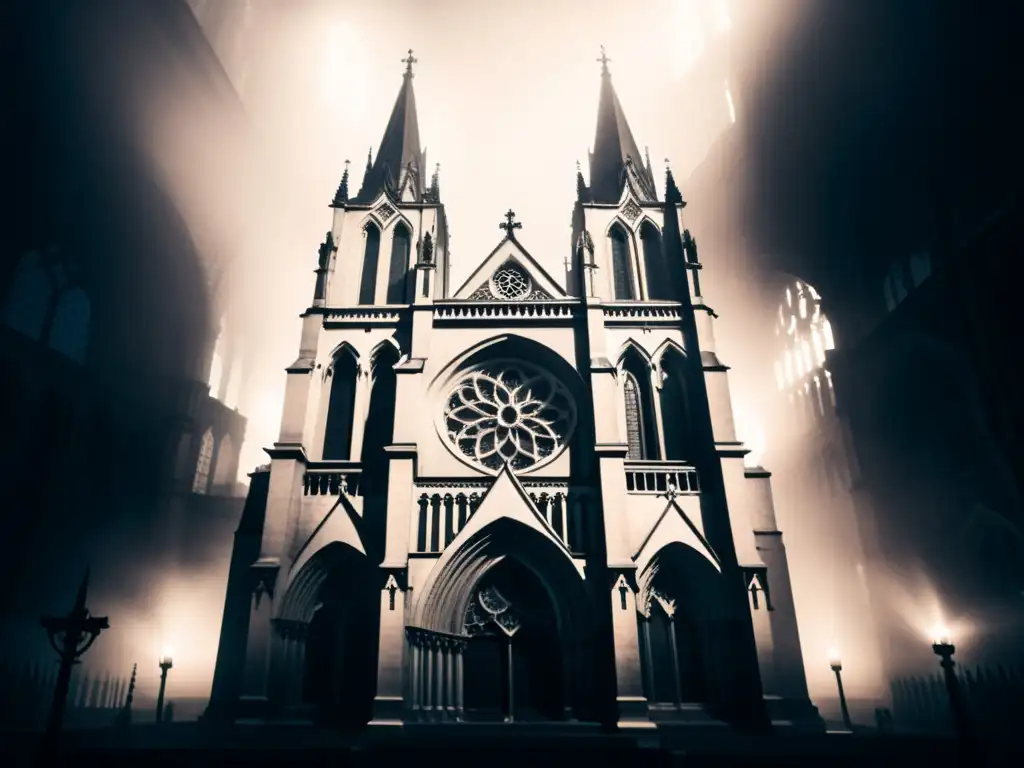 Una ilustración minimalista en blanco y negro de una catedral gótica envuelta en niebla, con sombras inquietantes y una iluminación dramática que crea una atmósfera inquietante