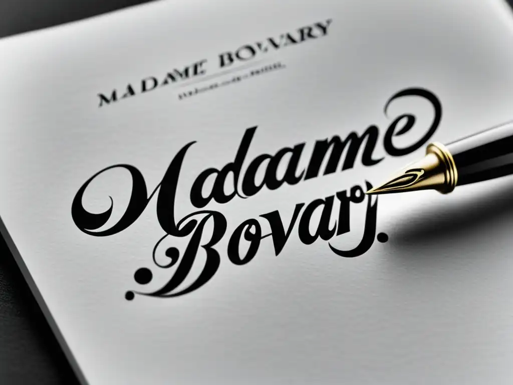 Una ilustración minimalista en blanco y negro de una pluma escribiendo 'Madame Bovary' en una página en blanco