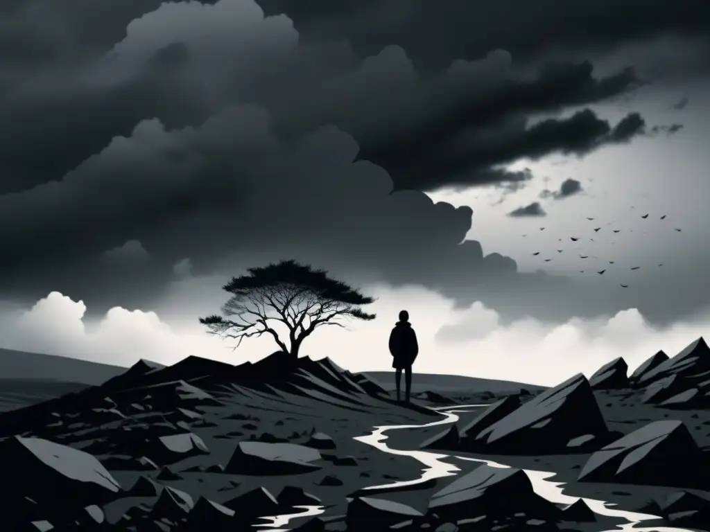 Una ilustración minimalista en blanco y negro de un personaje solitario en un paisaje desolado, con nubes oscuras y melancólicas