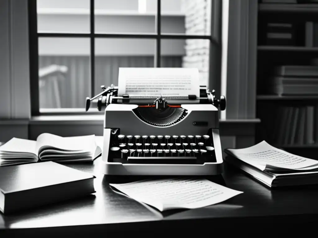 Escritorio creativo: máquina de escribir y papel arrugado en blanco y negro Una ilustración minimalista en blanco y negro de una máquina de escribir con un montón de papel arrugado a un lado, en un escritorio desordenado y tenue