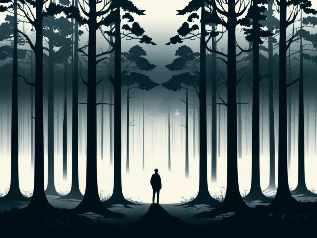 Una ilustración minimalista en blanco y negro de un bosque oscuro y tenebroso con una figura solitaria en la distancia, rodeada de árboles sombríos