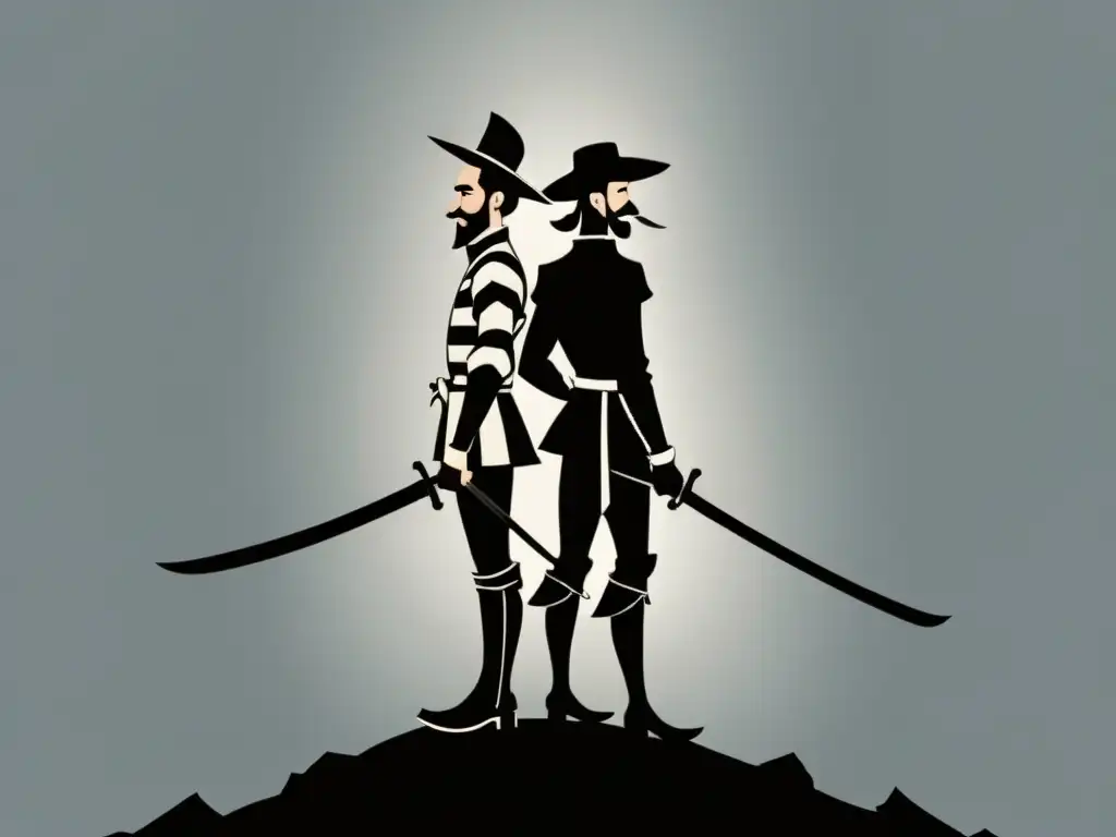 Una ilustración minimalista en blanco y negro de Don Quijote y Sancho Panza, representando la dualidad humor y tragedia en Don Quijote