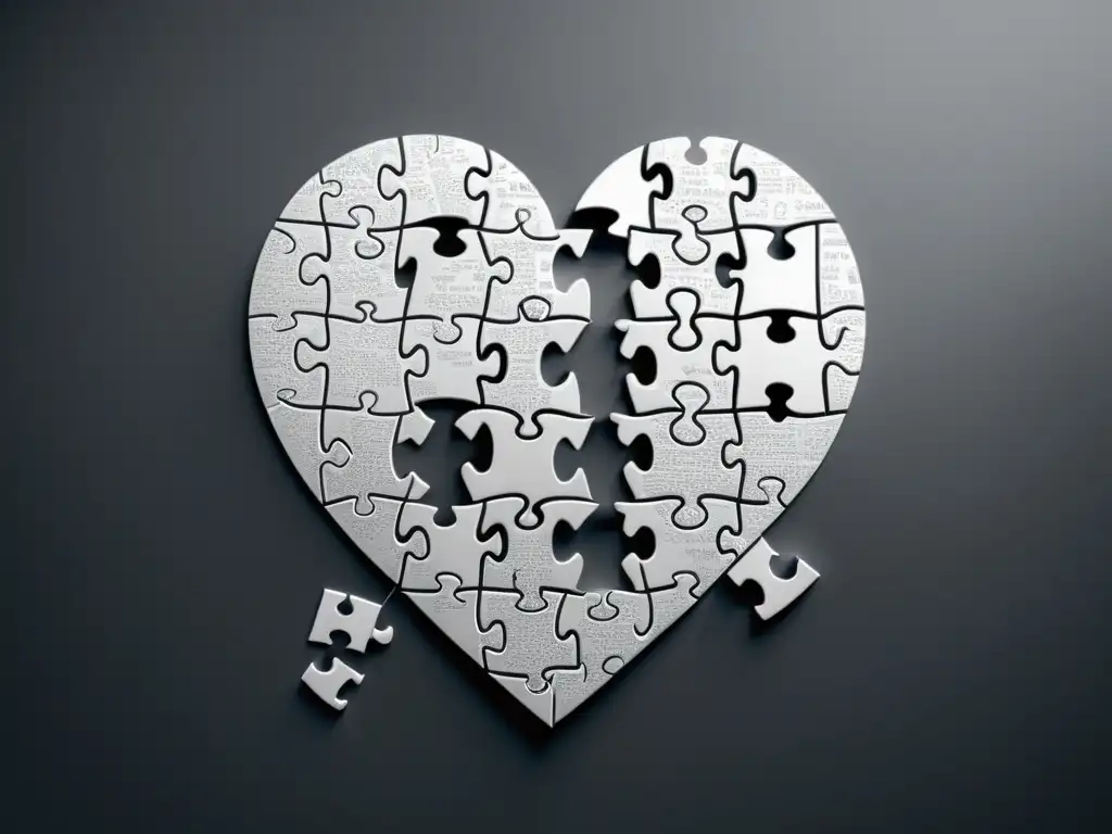 Rompecabezas del corazón en 'La insoportable levedad del ser' Una ilustración minimalista en blanco y negro de un rompecabezas con piezas dispersas formando un corazón humano