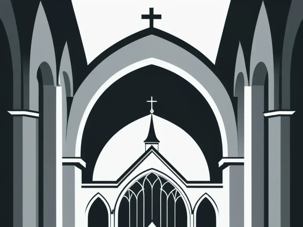 Una ilustración minimalista en blanco y negro de una catedral, destacando su elegante diseño arquitectónico