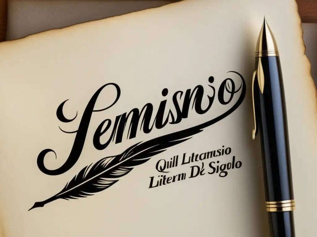 Una ilustración minimalista en blanco y negro de una pluma vintage sobre un pergamino con la frase 'Feminismo en la literatura del siglo XIX' escrita en cursiva