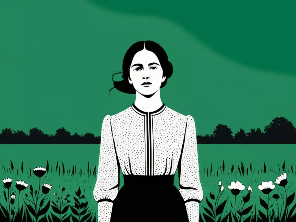 Una ilustración minimalista en blanco y negro de una elegante mujer solitaria en un campo de flores silvestres, reflejando el realismo literario en Madame Bovary