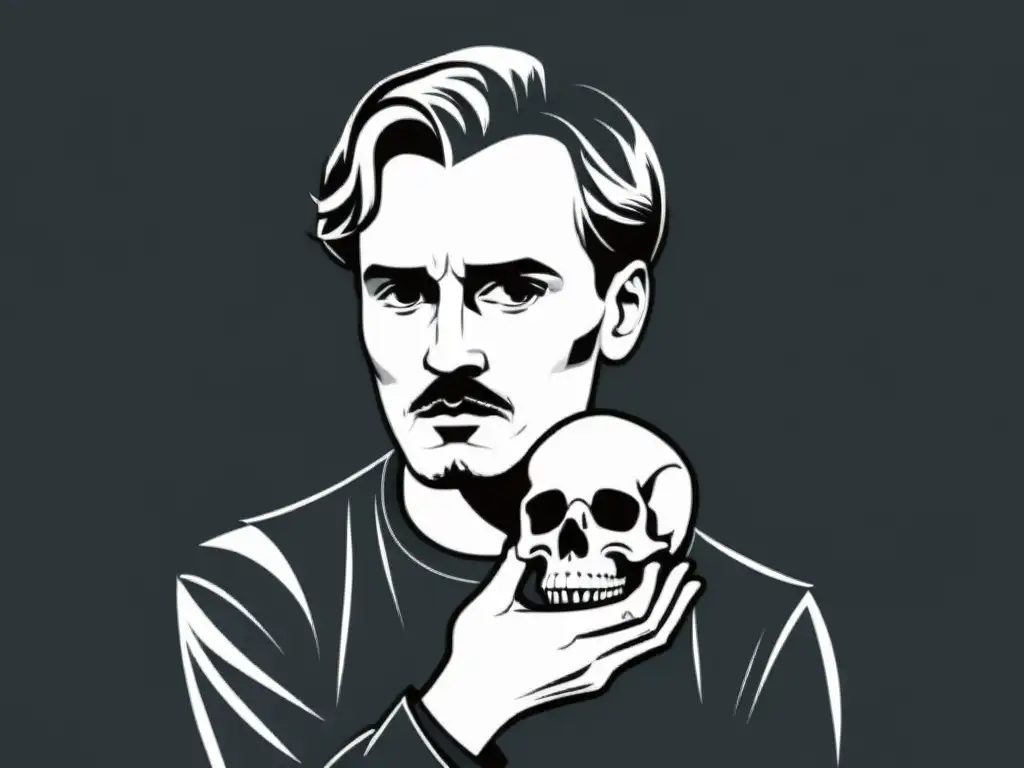 Una ilustración minimalista en blanco y negro de Hamlet sosteniendo el cráneo de Yorick, con una expresión contemplativa y profunda