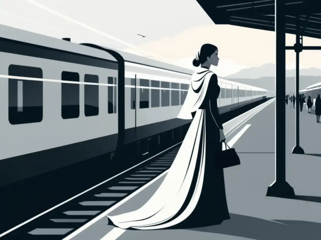 Una ilustración minimalista en blanco y negro de una mujer en una plataforma de tren, con un aire de melancolía y contemplación