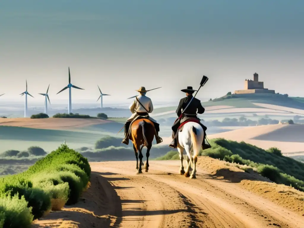 Quixote y Sancho cabalgan Una ilustración minimalista en blanco y negro de Don Quijote y Sancho Panza cabalgando por el campo español