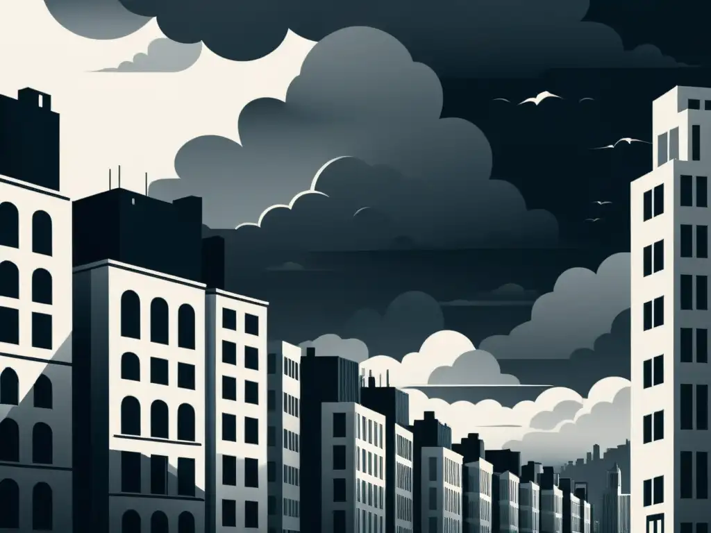 Una ilustración minimalista en blanco y negro de una ciudad con nubes ominosas