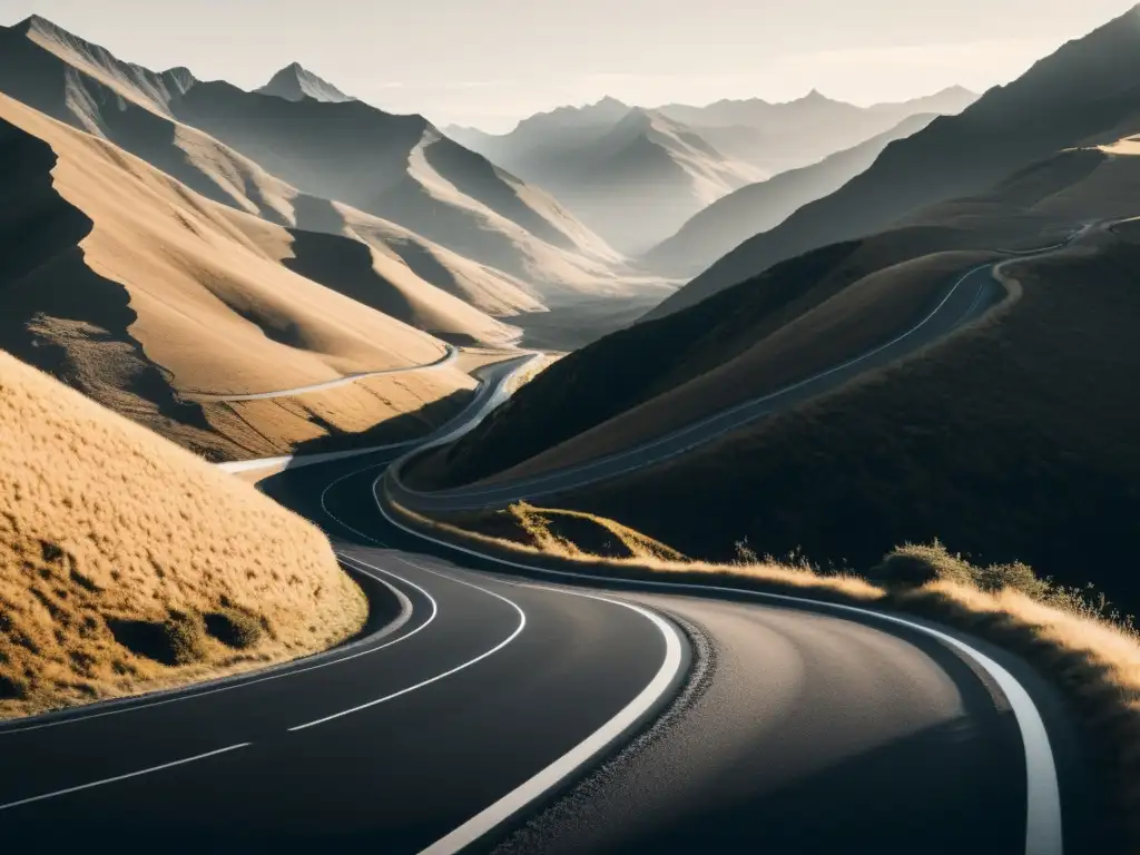 Una ilustración minimalista en blanco y negro de un camino serpenteante que se extiende hacia el horizonte, rodeado por imponentes montañas