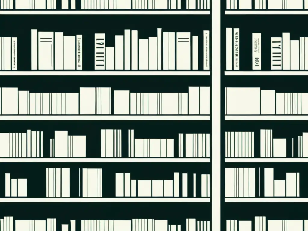 Una ilustración minimalista en blanco y negro de una estantería llena de clásicos literarios, con referencias intertextuales sutiles que simbolizan la interconexión de la literatura