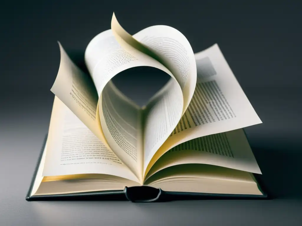 Una ilustración minimalista en blanco y negro de un libro cuyas páginas se convierten en un bucle interminable, simbolizando la paradoja narrativa en literatura