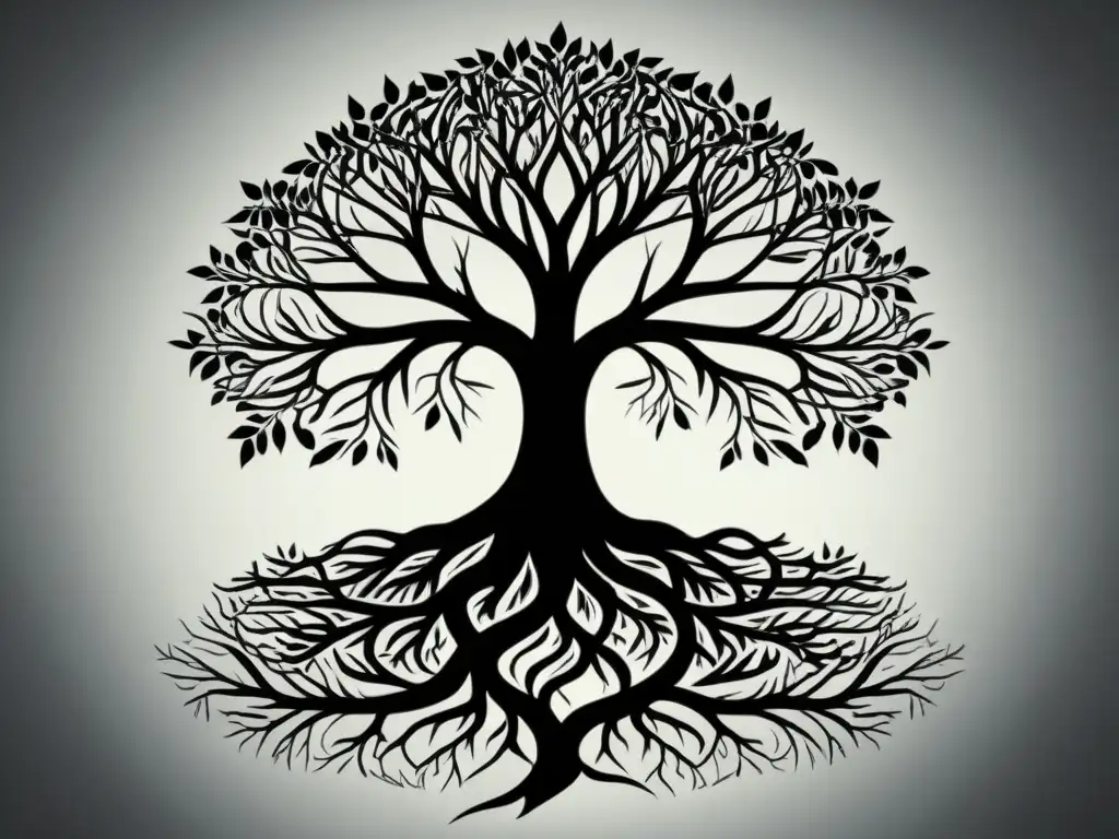 Una ilustración minimalista en blanco y negro de un árbol con raíces profundas y ramas extendiéndose en todas direcciones, simbolizando la evolución del canon literario postcolonial con detalles intrincados