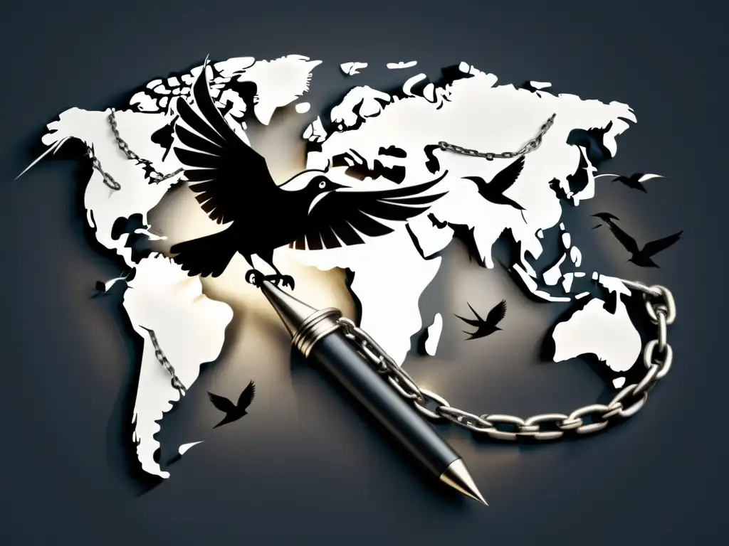 Una ilustración minimalista en blanco y negro de una pluma que rompe cadenas, con un mapa mundial formado por las cadenas rotas