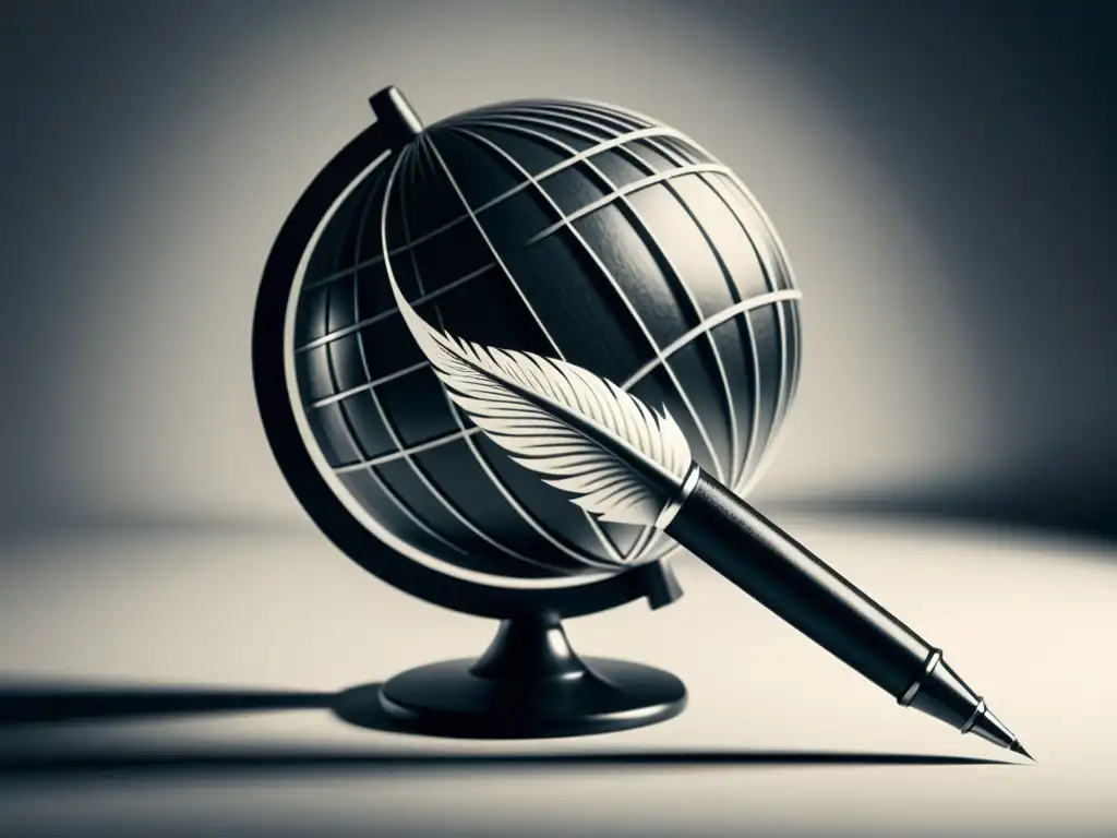 Una ilustración minimalista en blanco y negro de una pluma y un globo terráqueo, simbolizando la influencia literaria global y el poder de las palabras en el contexto postcolonial