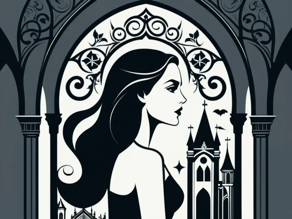 Una ilustración minimalista en blanco y negro muestra a una figura femenina misteriosa y poderosa, rodeada de arquitectura gótica y símbolos