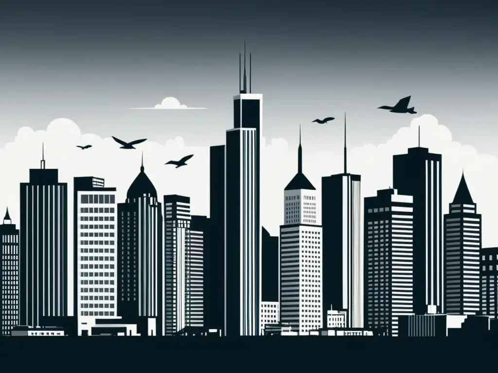 Una ilustración minimalista en blanco y negro de una ciudad moderna con edificios exagerados y distorsionados