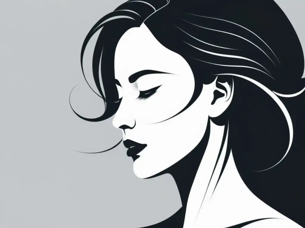 Una ilustración minimalista en blanco y negro de perfil de mujer, con expresión de pasión y angustia