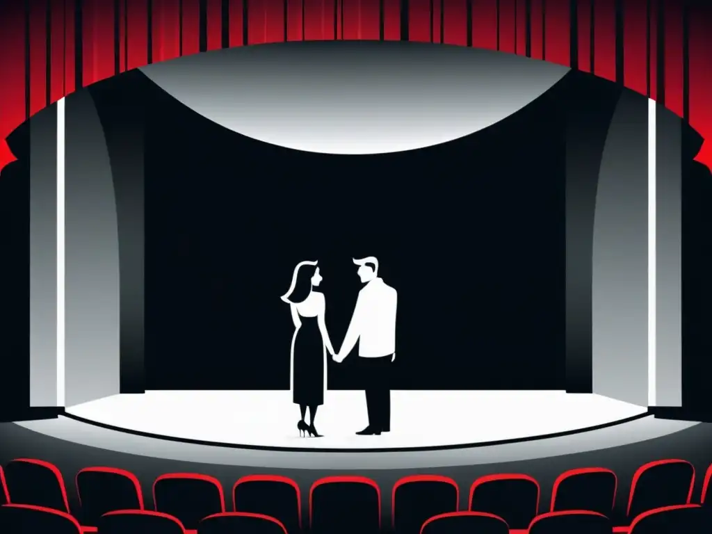 Una ilustración minimalista en blanco y negro de un escenario teatral dividido en tragedia y comedia, reflejando la sátira menipea: técnica literaria